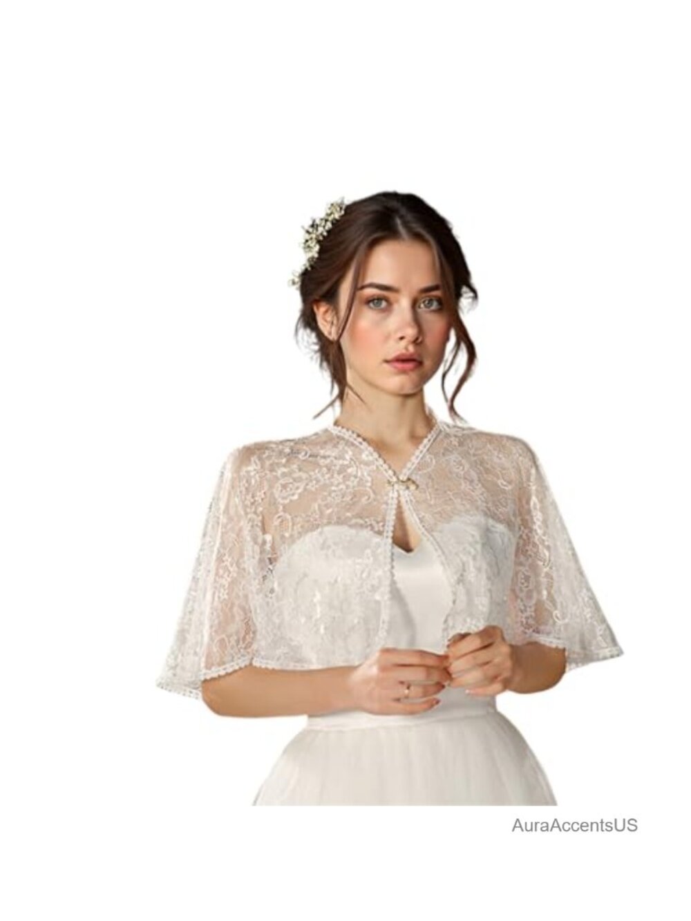 White Lace Wedding Shawl, Floral Embroidered Shrug Cape, Pearl Button